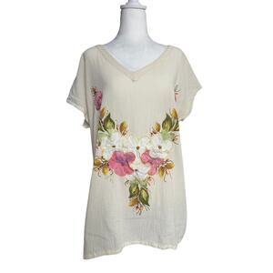 Ana R. Floral Mexico Top Boho Hippie Sleeveless Beige Boho Fairy Cottage Preppy